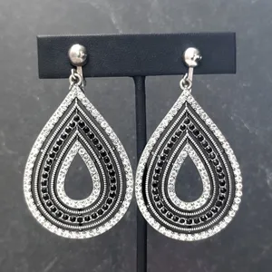 Vintage Clip On Earrings Extra Large Silver Tone Dangle Drop Black & Clear Gems thumbnail 1