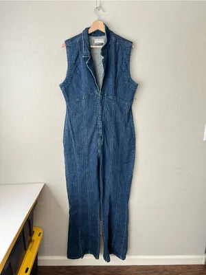 Free People Ring the Alarm Denim Sleeveless Jumpsuit One Piece Curvy XL thumbnail 3