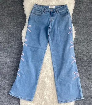 Gogo Jeans Denim Blue Wide Leg Jeans Mid Rise Pink Bow Embroidered Coquette Boho thumbnail 1
