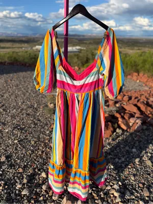 FARM Rio Rainbow Stripe Maxi Dress M Multicolor Puff Sleeve Boho Resort colorful thumbnail 3