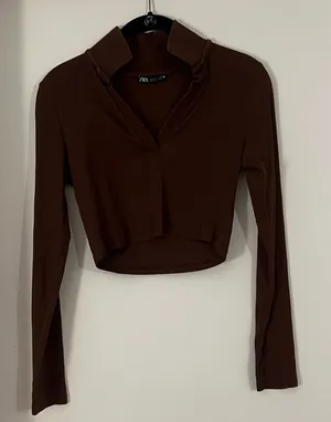 Zara Chocolate Brown Polo Crop Top thumbnail 1