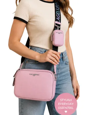 Karl Lagerfeld Purse Crossbody Pink Logo Maybelle Camera Bag Pink Zip Close NWT thumbnail 1