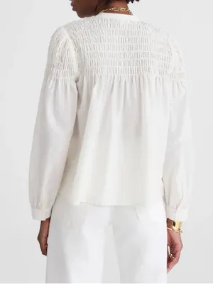 Madewell Smocked Top in Cotton Silk Blend Button Front Shirt Cream Blouse‎ Large thumbnail 2