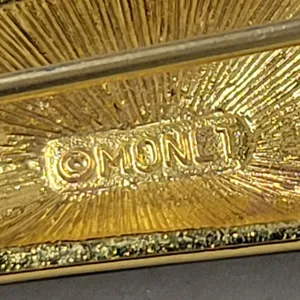 Monet Vintage Enamel Brooch Pin Black Gold Tone Art Deco Statement Jewelry thumbnail 2