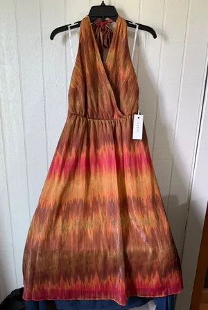 Siena Women Orange Pink Ikat Metallic Halter Maxi Dress Size 6 NWT thumbnail 1