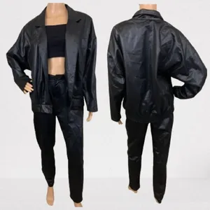 Vintage 1980s Black Faux Leather High Waisted 2pc Pantsuit Set Size 9/10 thumbnail 2