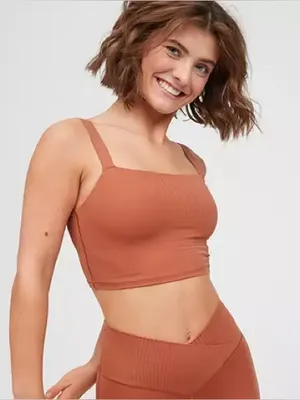 Aerie real me sports bra long line top crop workout ribbed rust twilight square thumbnail 5