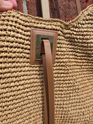 Anthropologie Beige raffia Woven & Brown Leather Tote thumbnail 3