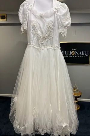 Ivory Lace Tulle Bridal Gown with Puff Sleeves thumbnail 1