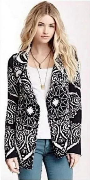 Free People Smitten Kitten Cardigan Women Small Black Mandala Boho Knit Sweater thumbnail 1
