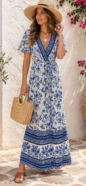 Angie Blue Floral Border Print Boho Maxi Wrap Dress Short Sleeve Rayon Medium thumbnail 1