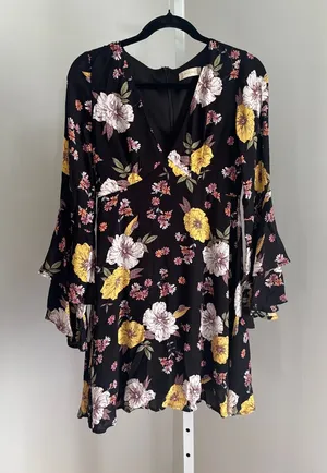 Altar'd State Juliette Boho Dress Black Floral Tiered Ruffle Bell Sleeves Sz S thumbnail 1