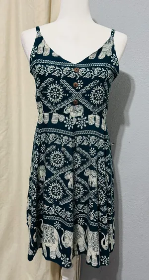Boho Elephant Print Sundress Dress Size‎ S Teal Cream Smocked Back Mini Thailand thumbnail 1
