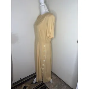 VTG 90s Casual Corner Rayon Linen Side Button Midi Dress Yellow 14 (Fits M/L) thumbnail 2
