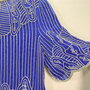 Vintage Royal Blue‎ Silk Beaded Blouse Silver Bugle Bead Scalloped Hem Top Small thumbnail 9