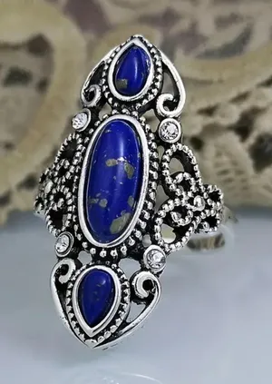 Pretty Boho Turquoise Dark Blue Statement Ring Carved Out Hollow Stone Sz 6 thumbnail 1