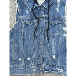 Others Follow Women Hooded Denim Vest Distressed Blue Jean Jacket Sleeveless XL thumbnail 4