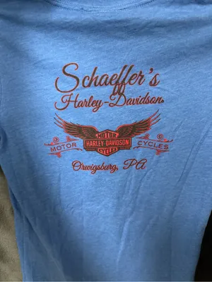 Women’s Schaeffer’s Harley-Davidson Navy Blue Tee with White Script Size Medium thumbnail 4