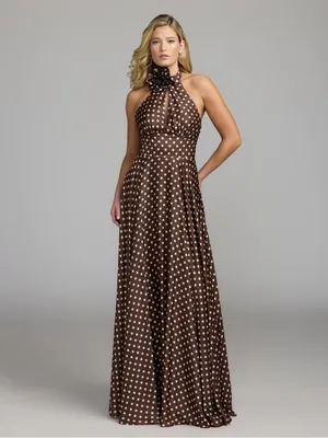 IEENA FOR MAC DUGGAL Size 10 Brown Polka Dot A-Line Halter Gown Rosette FLAWS thumbnail 4