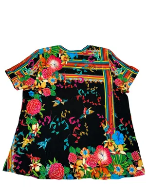 Johnny Was Women’s Size XL Black Multi Floral Bird Stripe V-Neck Tee T-Shirt thumbnail 3
