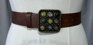 Vintage Lucky Brand Y2K Brown Studded Leather Crystal Buckle Belt Wide Western thumbnail 1