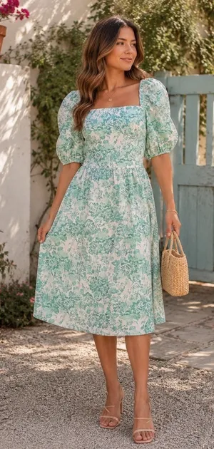 Shabby Chic XL Green Floral Cotton Midi Dress Puff Sleeve Open Back Bow Cottagec thumbnail 1