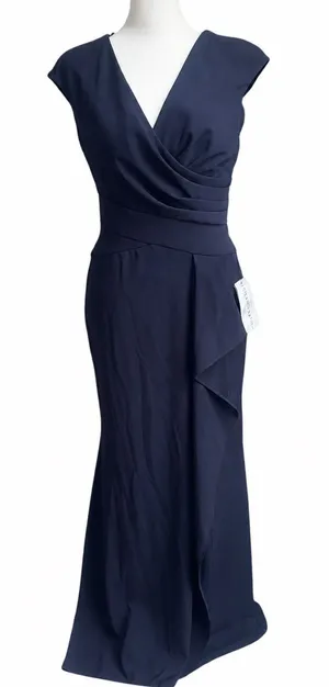 NEW Betsy & Adam V-Neck Cascade Ruffle Evening Dress Gown Dress Sz 4‎ Navy thumbnail 1