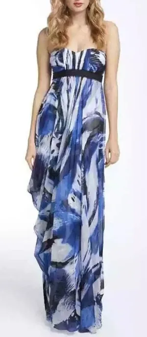 BCBGMAXAZRIA Blue Black Watercolor Silk Strapless Maxi Dress Sz 4 thumbnail 1