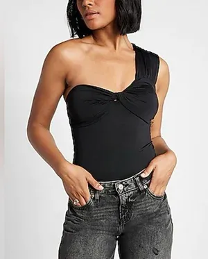 EXPRESS Body Contour Compression Silky One Shoulder Twist Thong Bodysuit thumbnail 1