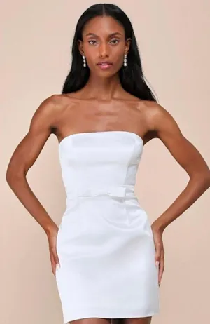 Lulus Adorable Chicness White Satin Strapless Bow Mini Dress thumbnail 1