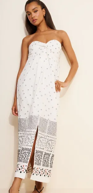 Anthropologie Strapless Deco White Patterned Maxi Summer Dress Linen Cotton thumbnail 1