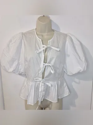 Playa Lucila White Puff Sleeve Peplum Tie Front Blouse S thumbnail 2