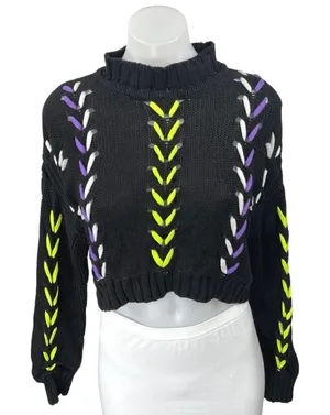 Forever 21 Black Lace Up Long Sleeve Mock Neck Pullover Crop Sweater Top Size M thumbnail 1