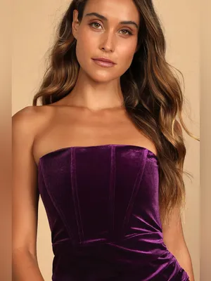 LULUS Glamorous Celebrations Dark Purple Velvet Strapless Tulip Dress, XL thumbnail 3