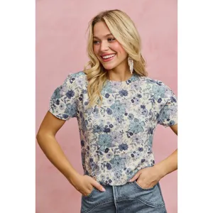 SO ME Floral Print Short Sleeves Sweater Knit Top - Blue - XL thumbnail 6
