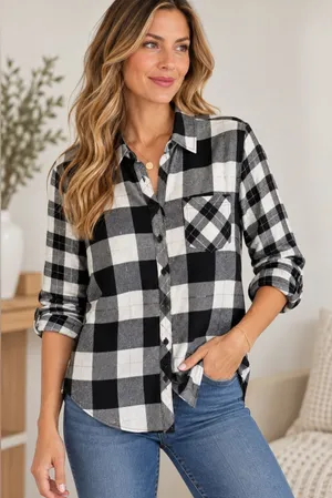 Maurices Black White Plaid Flannel Button Down Shirt Large thumbnail 1