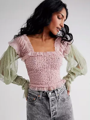 Nwot FREE PEOPLE Nothing Sweeter Top lace mesh pink / green summer cottage boho thumbnail 1