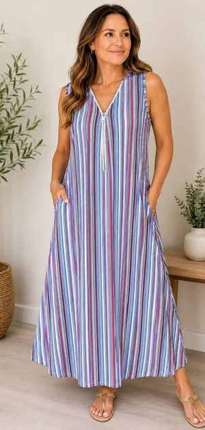 Shoreline Women's Sleeveless Striped Maxi Dress Zip Front Stretch Colorful XL thumbnail 1