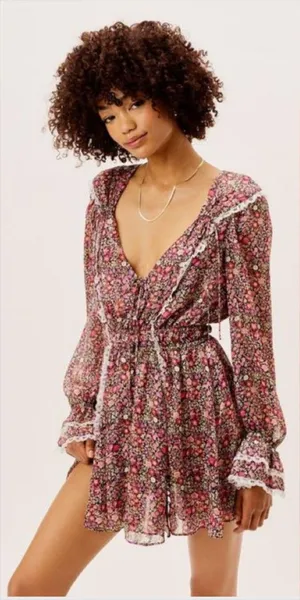 For Love & Lemon Grace Mini Dress Size Small Floral Lined Boho Prairie Feminine thumbnail 1