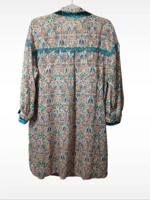 Anna Sui Boho Velvet Trim Printed Tunic Mini Dress - Long Sleeve Button Front L thumbnail 6