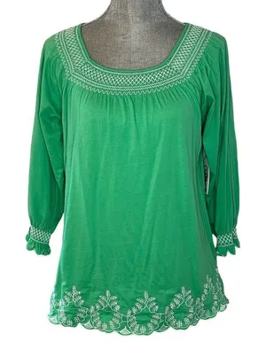 RXB Embroidered Cotton Shirt Flowy Boho Green Medium M 3/4 Quarter Sleeve NWT thumbnail 1