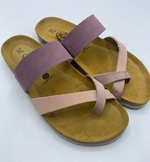 Plakton Cross Strap Leather Slide Sandals Memory Cushion Purple Pink US 9 Cork thumbnail 1