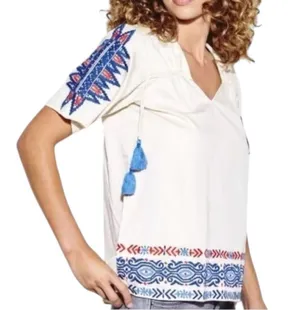 Anthropologie Pepin Women’s Size M White Red Blue Embroidered Cotton V-Neck Top thumbnail 1