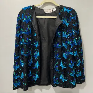VTG Laurence Kazar SEQUIN Beaded EVENING SILK‎ JACKET Women's S Blue Black. thumbnail 2