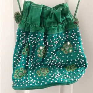 FINAL MARKDOWN MIRRORED & Beaded Drawstring Pouch Green thumbnail 3