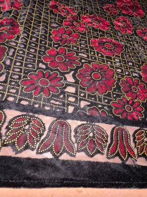 Vintage burnout velvet scarf/shawl in vibrant gold & red floral designs thumbnail 6