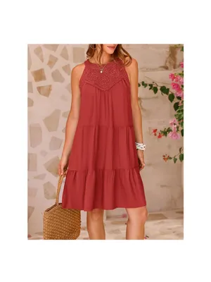 Sleeveless Crochet Yoke Tiered Dress in Rust thumbnail 3