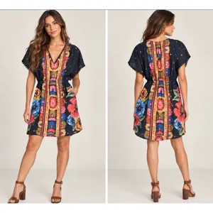 Farm Rio Anthropologie Black Floral Mini Dress Size S Boho V-Neck Pom Trim thumbnail 2