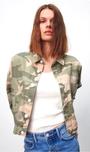 Zara Green Camo‎ Linen Blend Cropped Jacket, Womens Medium thumbnail 1