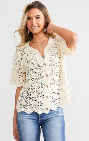 Willow & Root Diamond Pointelle Cardigan Sweater Cream Sz M Cottagecore Boho Top thumbnail 1
